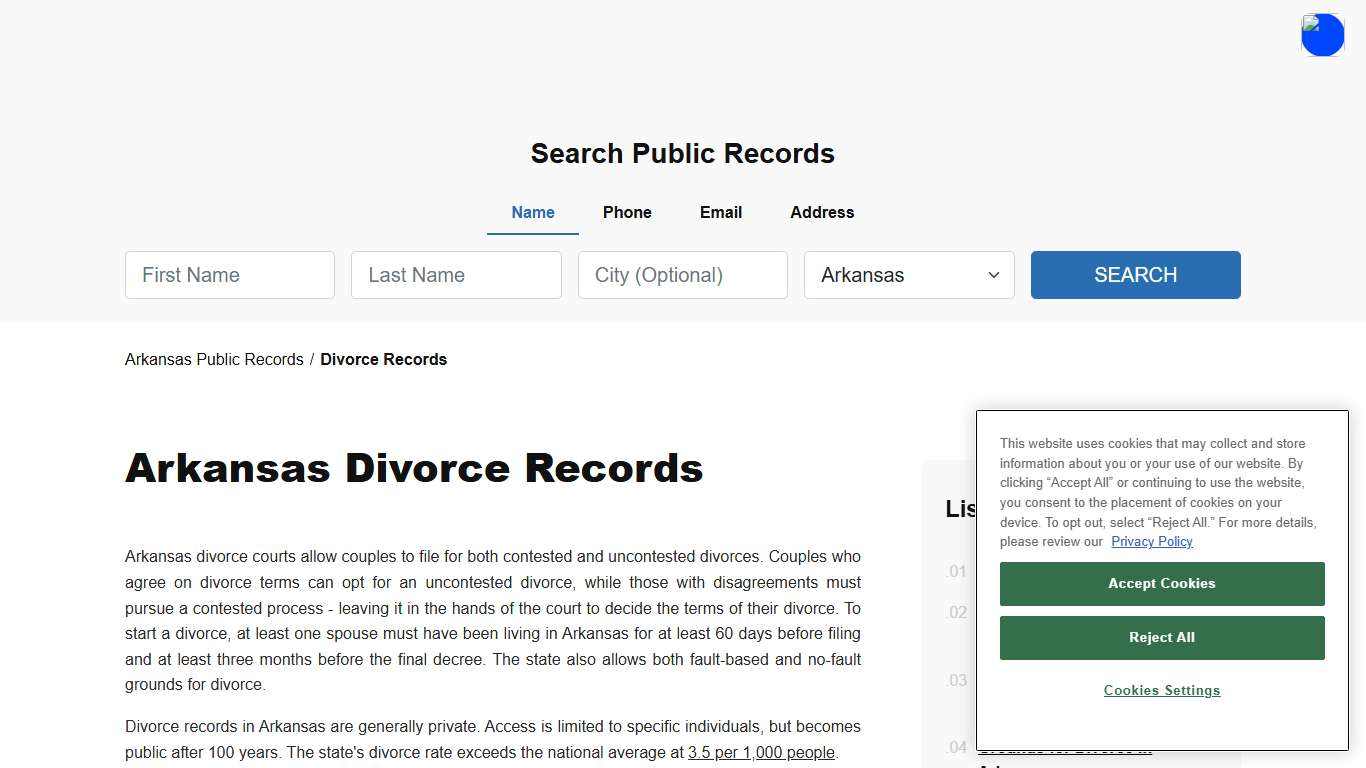 Arkansas Public Divorce Records - Decrees & Certificates